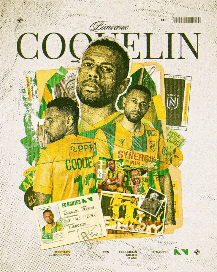 队报：科奎林和南特续约一年，冬季加盟后在法甲出场6次打进1球